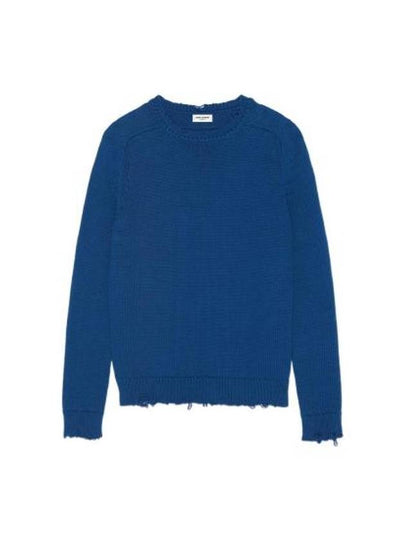 Destroyed Cotton Knit Top Blue - SAINT LAURENT - BALAAN 2