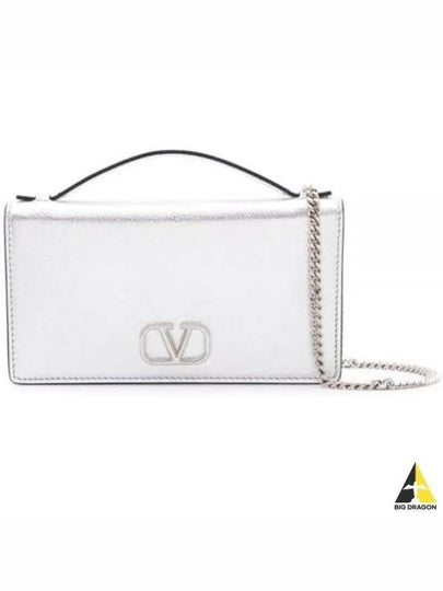 V Logo Signature Chain Leather Long Wallet Silver - VALENTINO - BALAAN 2