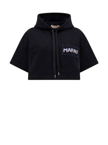 Logo Patch Drawstring Hooded Top Black - MARNI - BALAAN 1