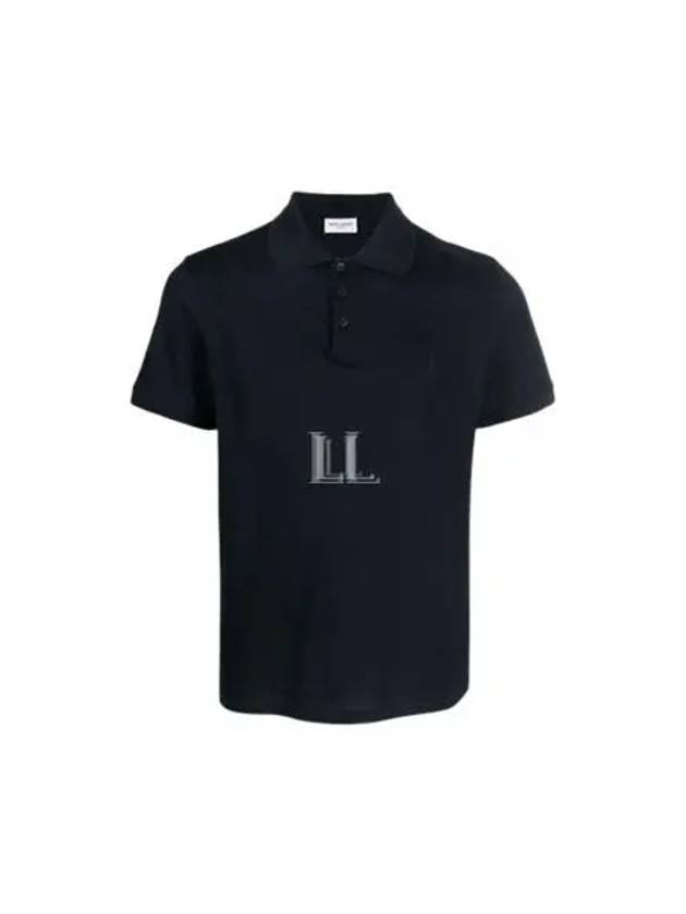 Men's Monogram Cotton Short Sleeve Polo Shirt Navy - SAINT LAURENT - BALAAN 2