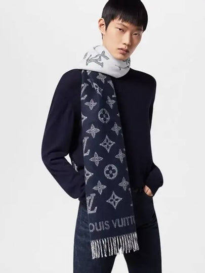 Monogram Shadow Wool Cashmere Scarf Navy - LOUIS VUITTON - BALAAN 2