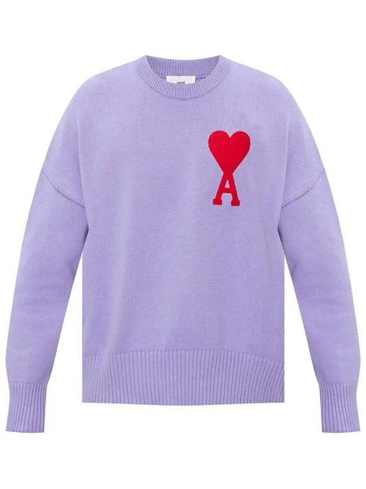 Men's Big Heart Logo Embroidered Knit Top Purple - AMI - BALAAN.