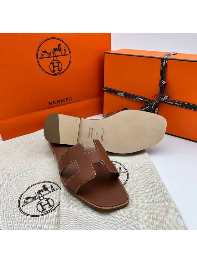 Oran Calfskin Slippers Gold Piqures Ecrues - HERMES - BALAAN 3