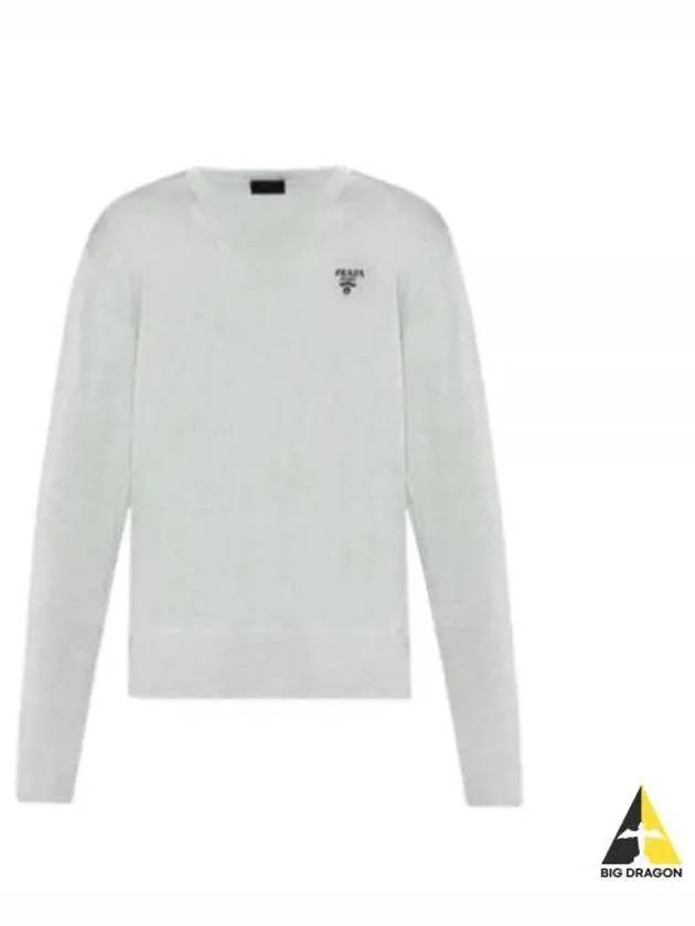 Logo Silk V-Neck Knit Top Grey - PRADA - BALAAN 2