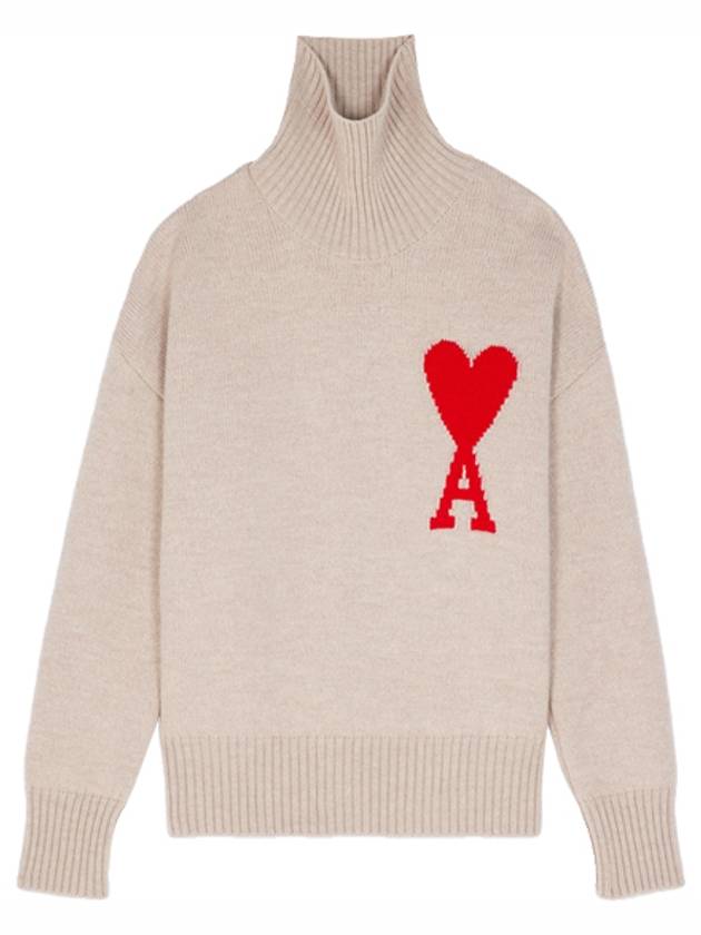 Big Heart Logo Wool Knit Turtleneck Beige - AMI - BALAAN 2