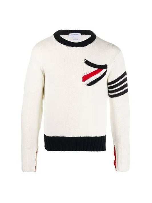 Men's Pullover Crew Neck Knit Top White - THOM BROWNE - BALAAN.