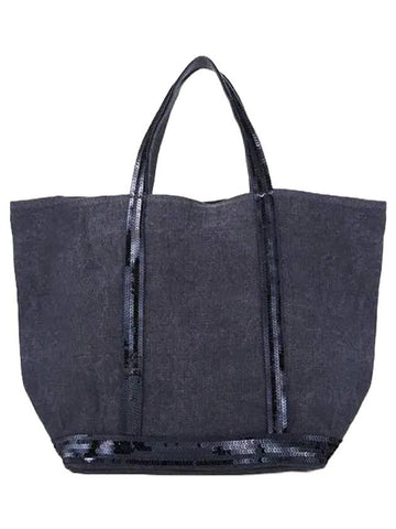 Cabas Linen Sequined Medium Tote Bag Navy - VANESSA BRUNO - BALAAN 1