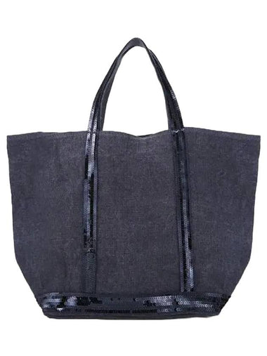 Cabas Linen Sequined Medium Tote Bag Navy - VANESSA BRUNO - BALAAN 1