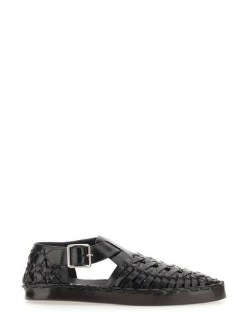Woven Flat Leather Sandals Black - JIL SANDER - BALAAN 1
