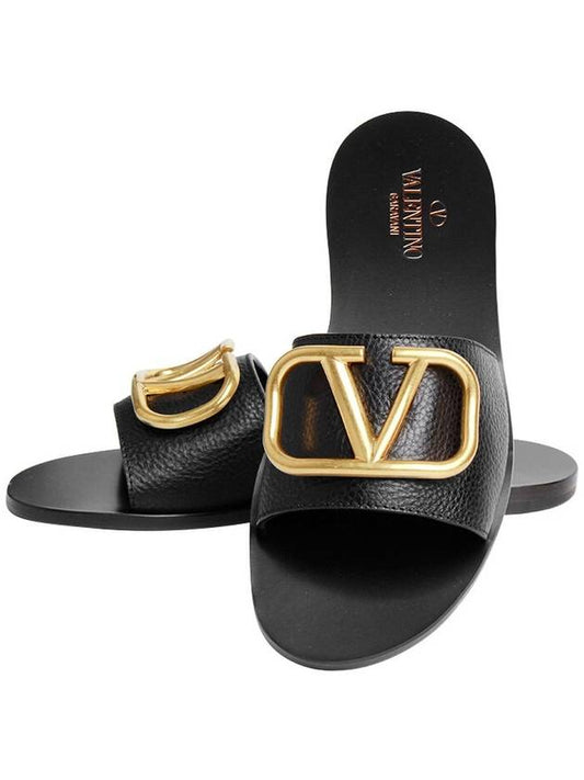 V Logo Signature Grainy Calfskin Slippers Sandals Black - VALENTINO - BALAAN 2