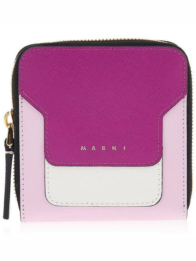 Logo Printed Round Zip Leather Half Wallet Pink - MARNI - BALAAN 2