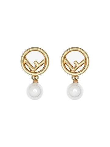 Logo Pearl Pendant Earrings Gold - FENDI - BALAAN 1