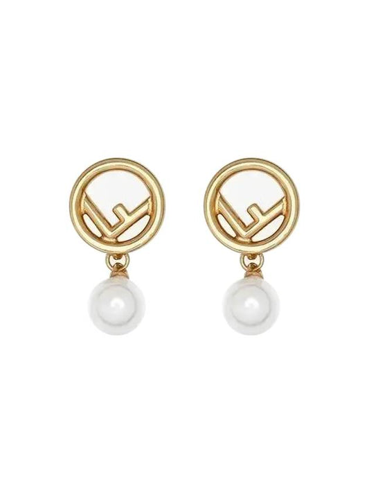 Logo Pearl Pendant Earrings Gold - FENDI - BALAAN 1