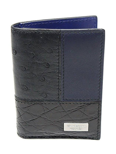 66 0225 Black Crocodile Ostrich Navy Leather Two tone Card Wallet - SALVATORE FERRAGAMO - BALAAN 1