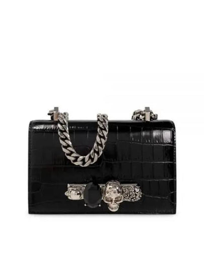 Crocodile Leather Embossed Black Jewel Silver Skull Satchel Shoulder Bag Black - ALEXANDER MCQUEEN - BALAAN 2