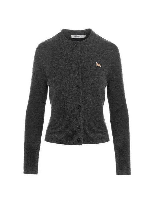 Baby Fox Patch Round Neck Fitted Cardigan Dark Grey Melange - MAISON KITSUNE - BALAAN.