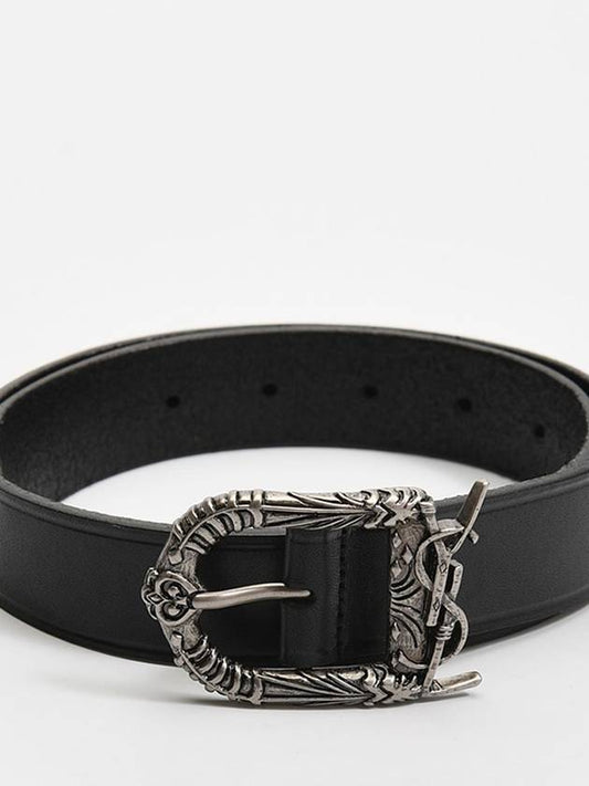 Logo Plaque Buckle Calf Leather Belt Black - SAINT LAURENT - BALAAN 2