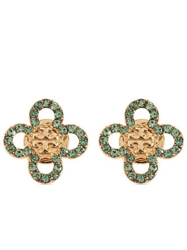 Tory Burch Kira Clover Pave Stud Small Earrings Green Gold - TORY BURCH - BALAAN 1