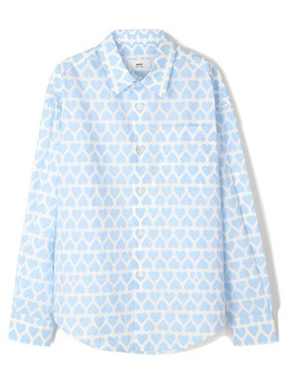 Heart Pattern Boxy Fit Overshirt Long Sleeve Shirt Sky Blue - AMI - BALAAN 2