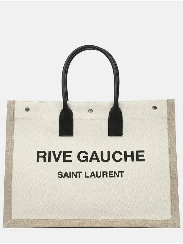 Rive Gauche Logo Linen Leather Tote Bag White - SAINT LAURENT - BALAAN 2