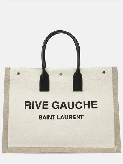 Rive Gauche Logo Linen Leather Tote Bag White - SAINT LAURENT - BALAAN 2