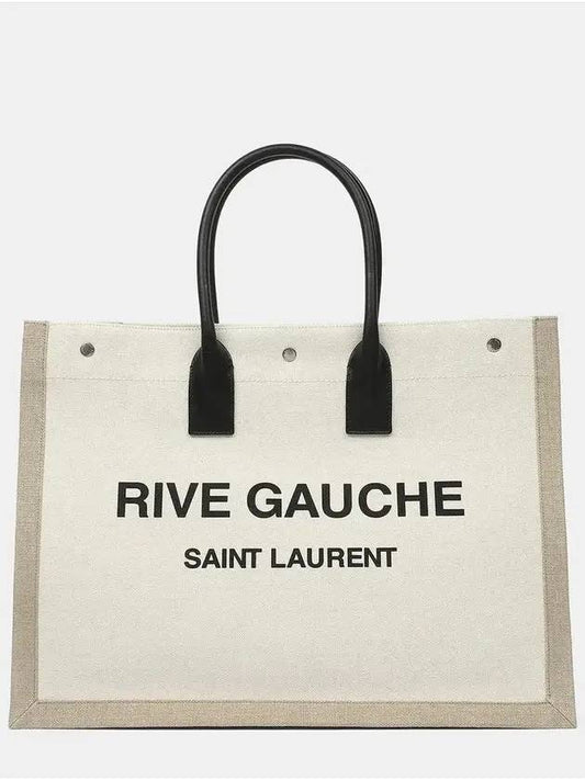 Rive Gauche Logo Linen Leather Tote Bag White - SAINT LAURENT - BALAAN 2