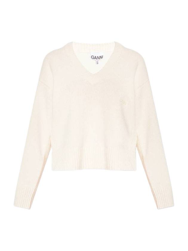 Embroidered Logo Knit Top Cream - GANNI - BALAAN 1