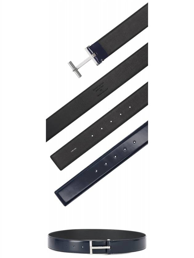 T Buckle Leather Belt Dark Navy - TOM FORD - BALAAN 4