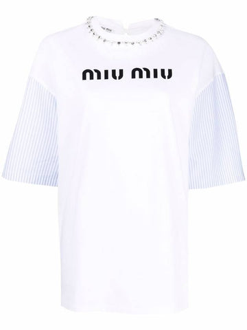 Women's Crystal Neck Overfit Short Sleeve T-Shirt White - MIU MIU - BALAAN 1