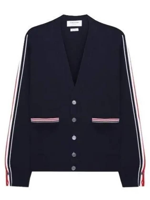 Men's Navy Side Intarsia Milano Stitch Wool Cardigan Navy - THOM BROWNE - BALAAN 2