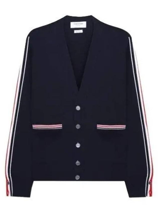 Men's Navy Side Intarsia Milano Stitch Wool Cardigan Navy - THOM BROWNE - BALAAN 2