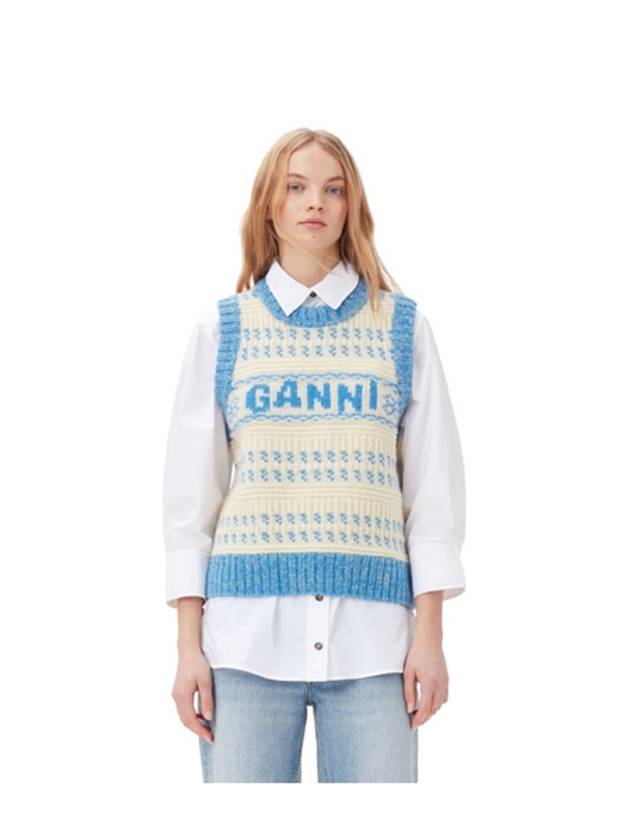 Graphic O-Neck Wool Gilet Vest Blue - GANNI - BALAAN 4