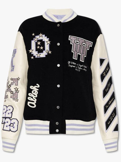 Women's Bling Patches Varsity Bomber Jacket Black - OFF WHITE - BALAAN 2