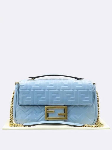 8BR793 Sky Blue Color Leather Baguette Medium Gold Metal Flap Chain Shoulder Bag - FENDI - BALAAN 1