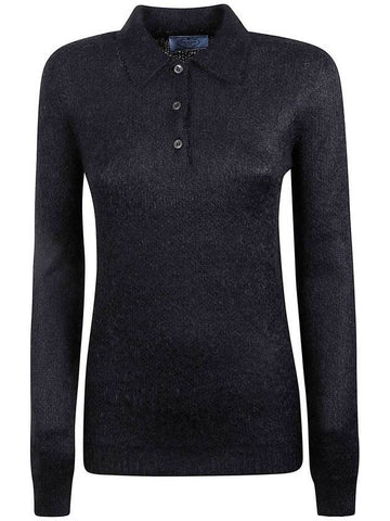 Women's Mohair PK Long Sleeve Knit Top Black - PRADA - BALAAN.