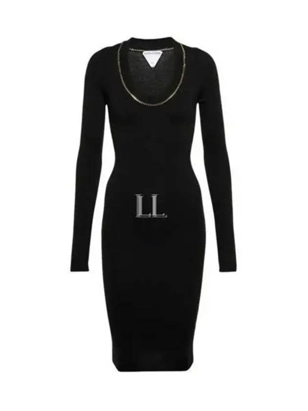 Gold Chain Detail Cashmere Long Sleeve Midi Dress Black - BOTTEGA VENETA - BALAAN 2