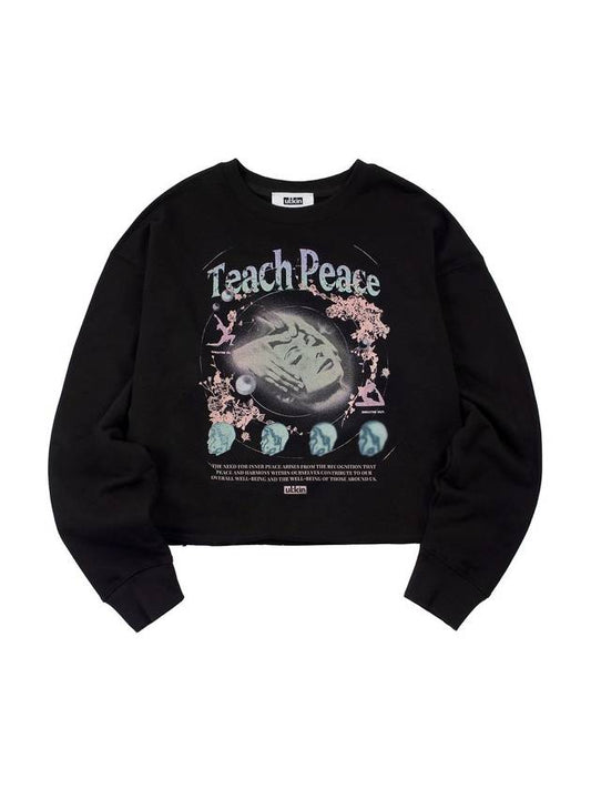 Teach Peace Semi Crop Graphic Sweatshirt Black - ULKIN - BALAAN 1