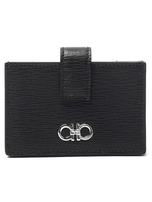 Hammered Calfskin Gancini Card Holder Black - SALVATORE FERRAGAMO - BALAAN.