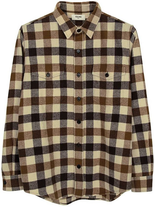 Brown Check Wool Shirt 2C510943L 19RC - CELINE - BALAAN 1
