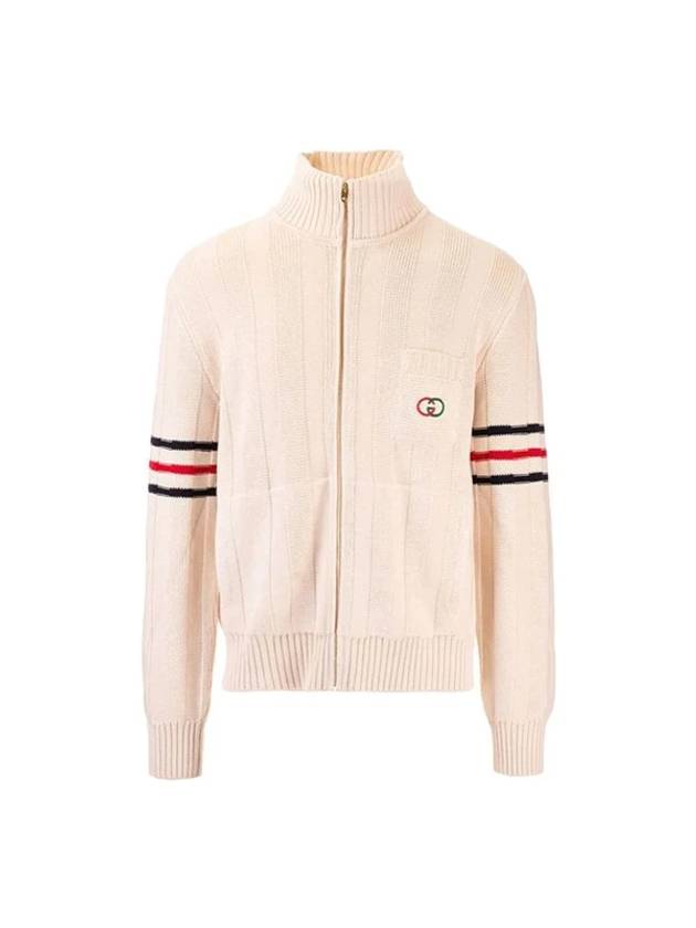 Striped zipper stand up collar knit cardigan cream - GUCCI - BALAAN 1