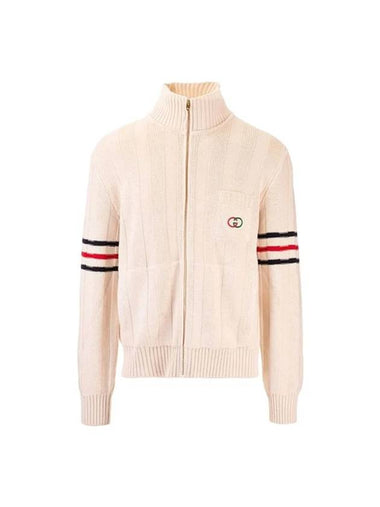 Striped Zipper Stand Up Collar Knit Cardigan Cream - GUCCI - BALAAN 1