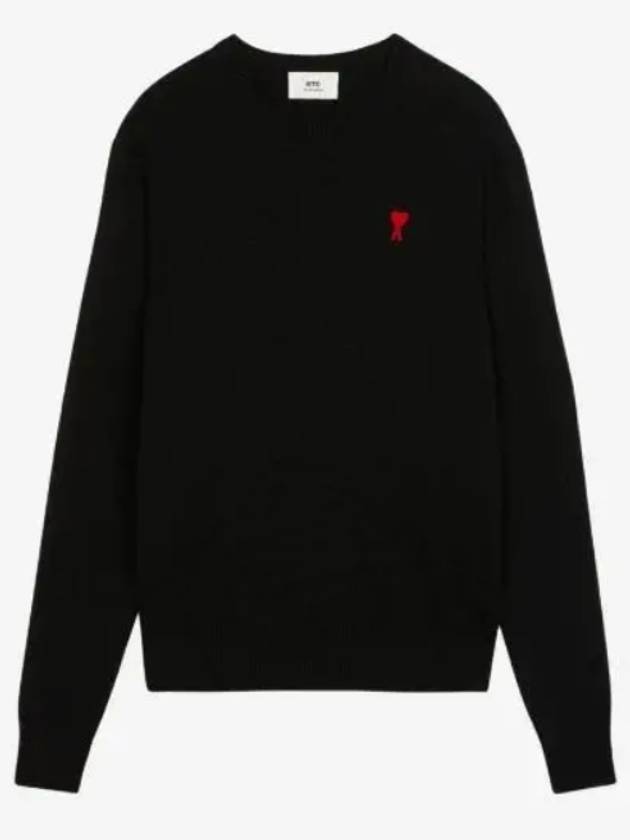 Heart Embroidered Logo Crew Neck Knit Top Black - AMI - BALAAN 2