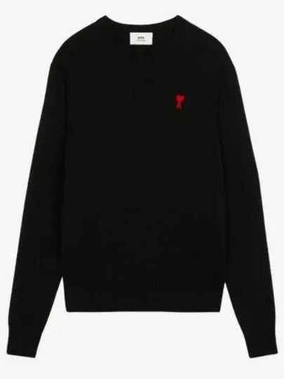 Heart Embroidered Logo Crew Neck Knit Top Black - AMI - BALAAN 2