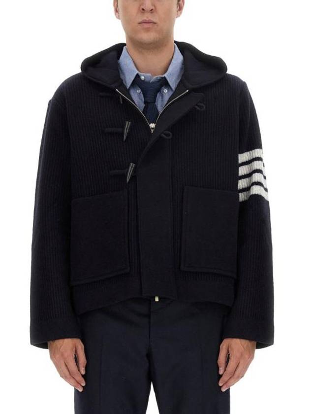 Boiled Wool Half Cardigan Stitched Hooded 4 Bar Double Jacket Navy - THOM BROWNE - BALAAN 2