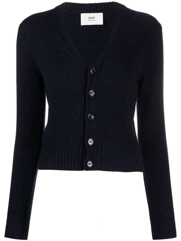 Embroidered Heart Logo Cashmere Cardigan Navy - AMI - BALAAN 2