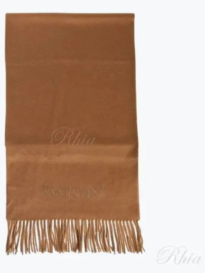 Logo Embroidered Cashmere Muffler Camel - SAINT LAURENT - BALAAN 2