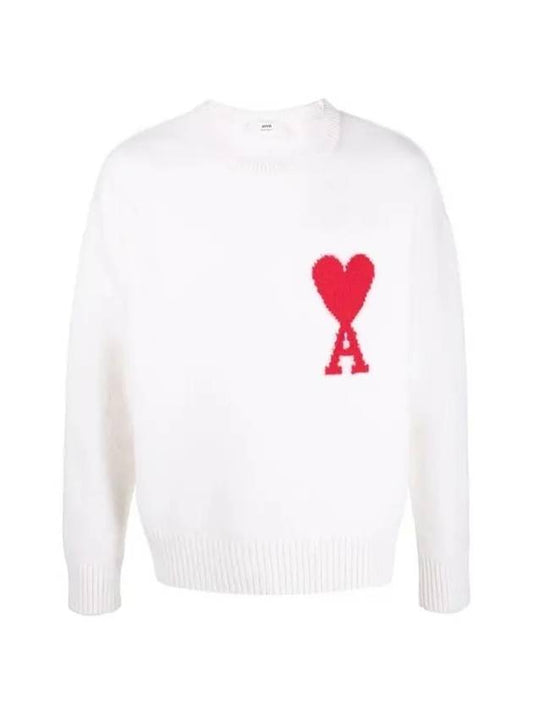Big Heart Logo Oversized Intarsia Knit Top White - AMI - BALAAN 1