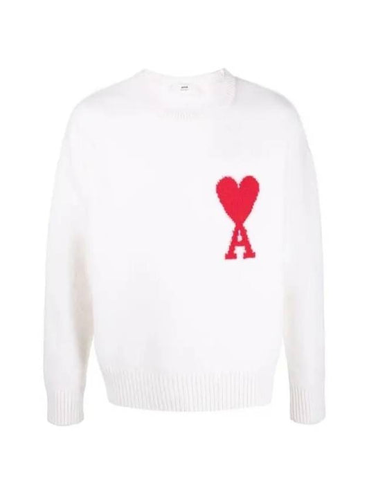 Big Heart Logo Oversized Intarsia Knit Top White - AMI - BALAAN.