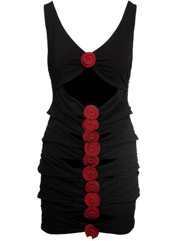 Black Mini Dress With Signature Rose Appliqué In Viscose Woman - MAGDA BUTRYM - BALAAN 1