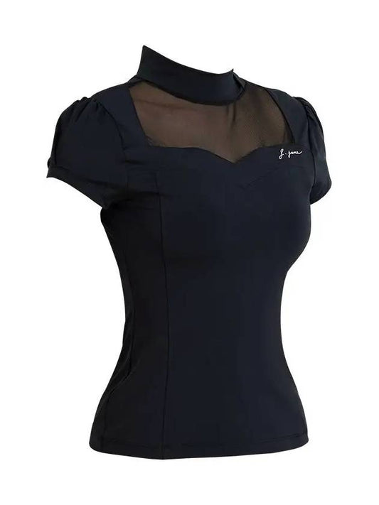 Golf Wear Heart Neck See-Through Short Sleeve T-Shirt Black - J JANE - BALAAN 2